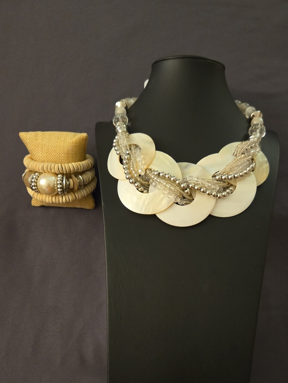 Cream Mother-of-Pearl Necklace With Silver Bead Accents & Wrap Around Bracelet
